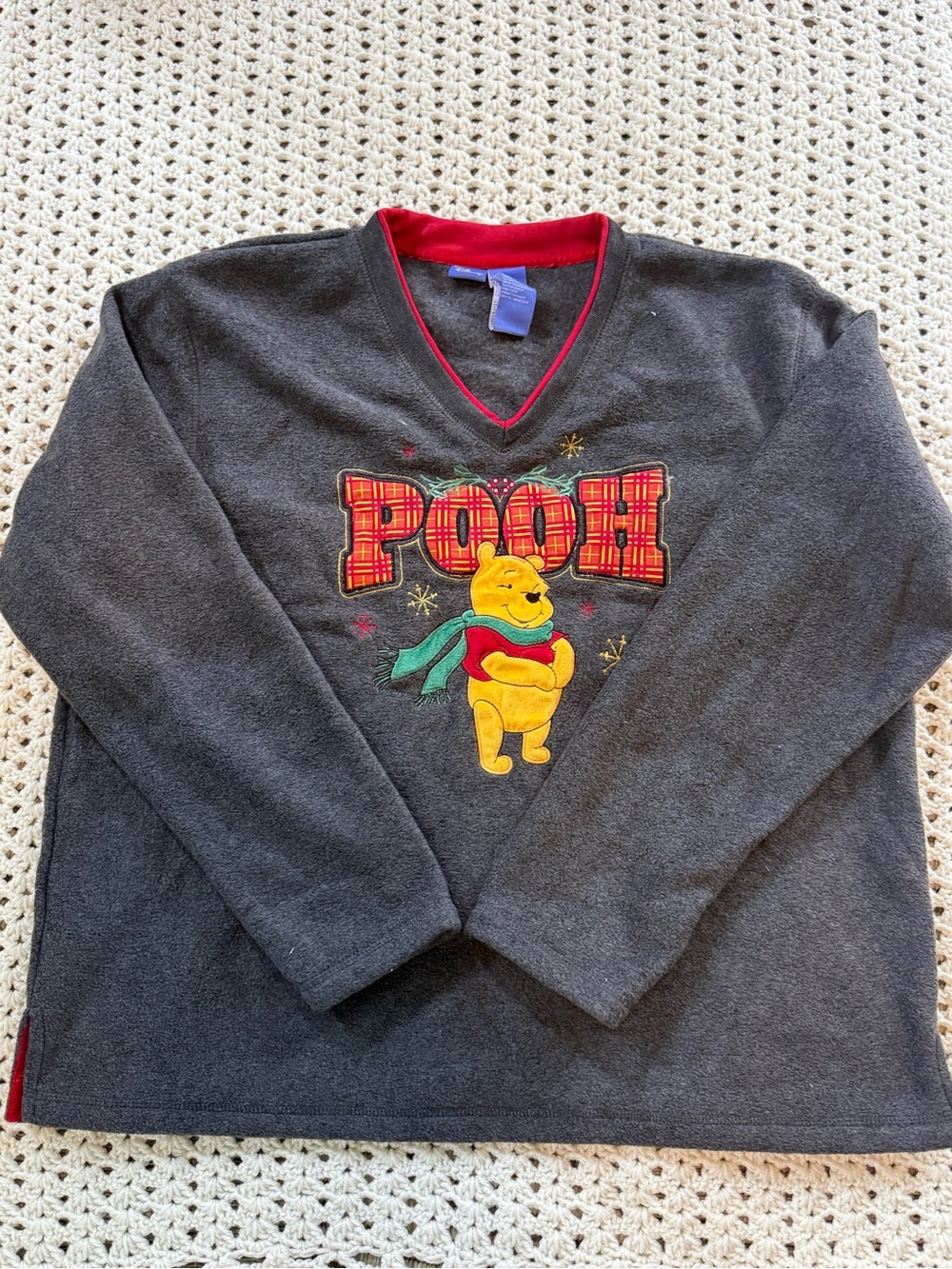 Vintage Winnie the Pooh Charcoal Fleece Women’s Sweatshirt - Gray with Red Trim